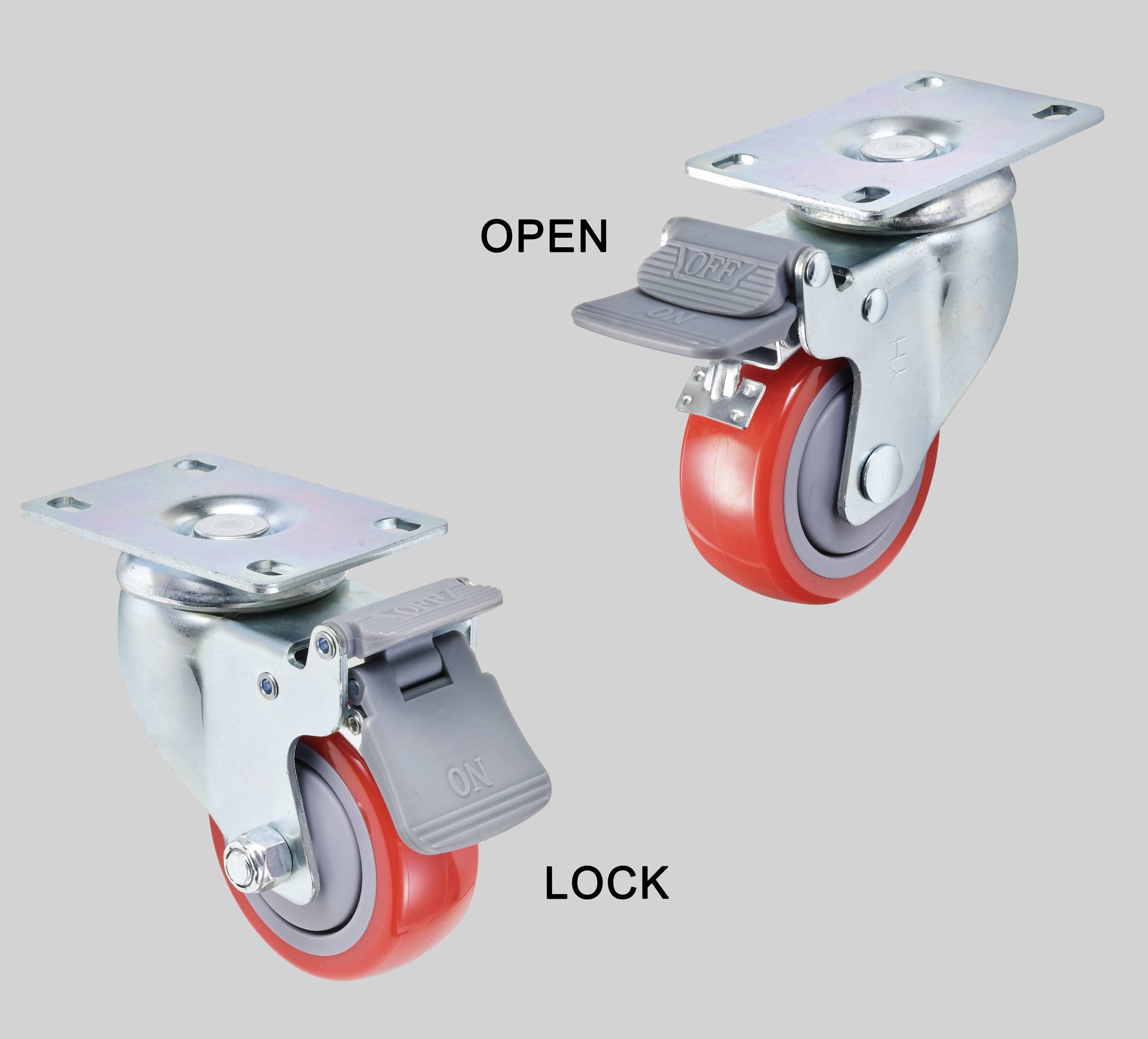 Deux systèmes de roues : À gauche, une roue avec frein ouvert ('OPEN'), à droite, une roue avec frein verrouillé ('LOCK').
