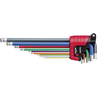 Un ensemble de clés à angle disposées par couleur dans un support. Les clés sont rangées par tailles, de la plus grande à la plus petite.