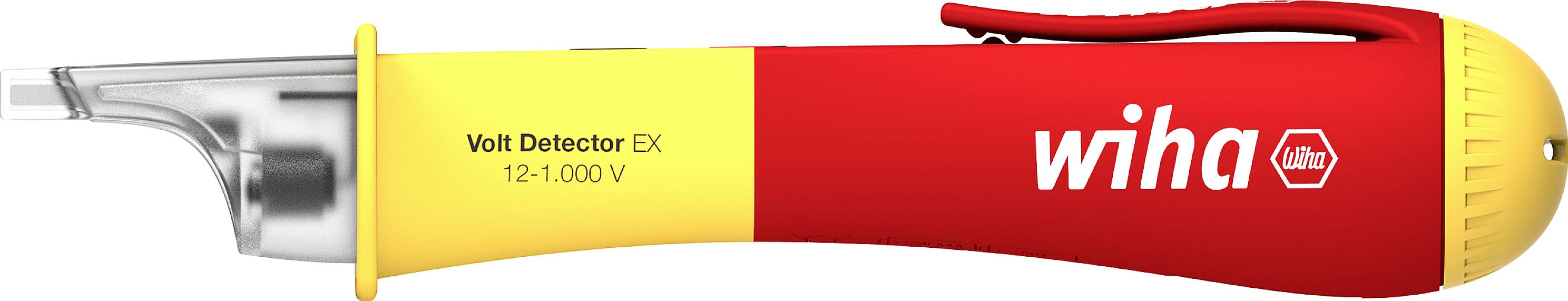 Détecteur de tension en rouge et jaune portant l'inscription 'wiha' et 'Volt Detector EX 12-1000 V'. Utilisé pour détecter la présence de tension.