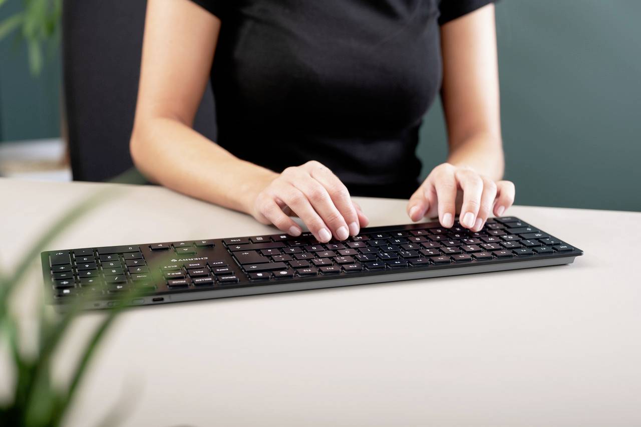 Une personne tape sur un clavier noir posé sur un bureau. Une plante est légèrement visible au premier plan.