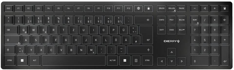 Clavier d'ordinateur noir avec disposition QWERTZ, pavé numérique à droite et touches de fonction en haut.