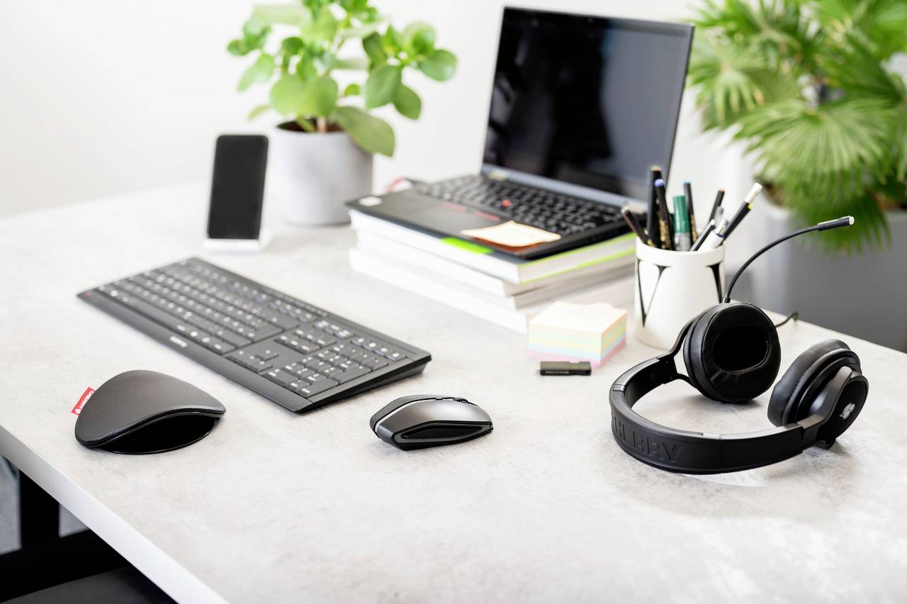 Un bureau avec un ordinateur portable, un clavier, une souris, des écouteurs et des livres. Des plantes et des stylos dans des pots assurent un environnement de travail organisé.