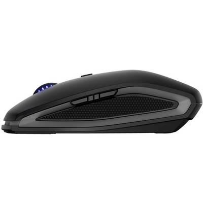 Une souris d'ordinateur noire, ergonomique, avec des boutons latéraux et une molette de défilement rétroéclairée, vue de côté.