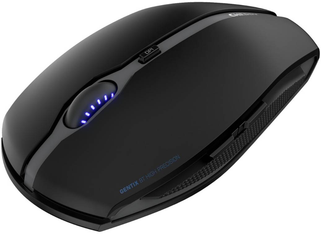 Une souris d'ordinateur sans fil noire avec un éclairage LED bleu sur le côté, parfaitement adaptée pour une navigation précise et rapide.