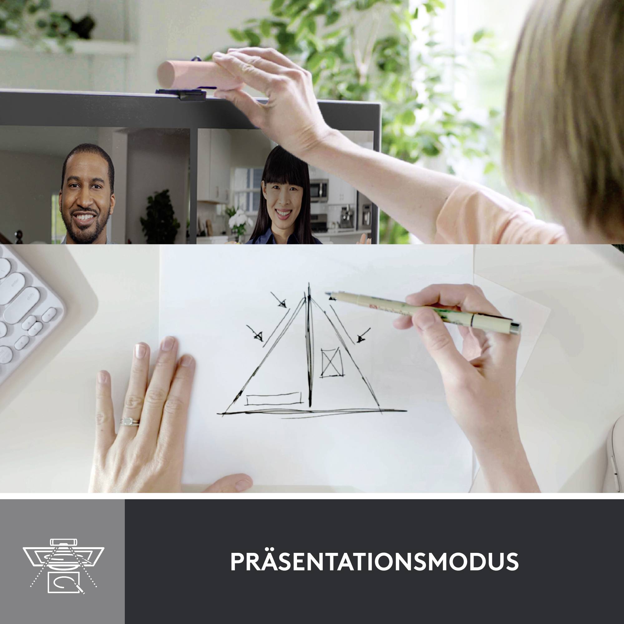 Mode Présentation montre une main esquissant un projet de bâtiment sur une tablette, tandis qu'un appel vidéo est en cours sur le moniteur.