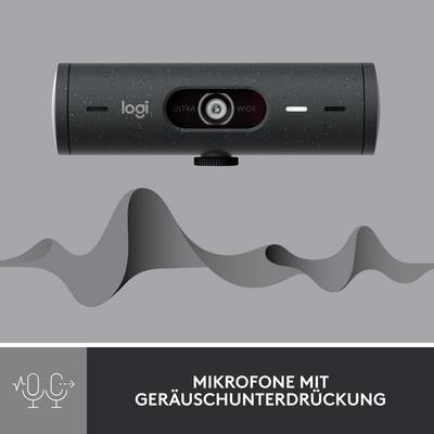 Microphone noir avec suppression du bruit, centré dans l'image. En dessous, un diagramme stylisé et le texte : 'Microphones avec suppression du bruit'.