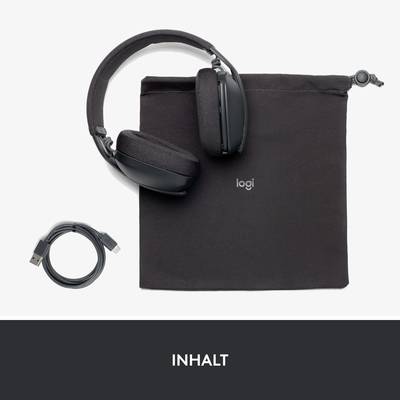 Casque sans fil avec étui de transport assorti et câble de chargement USB. Nom de marque "logi" visible sur l'étui.