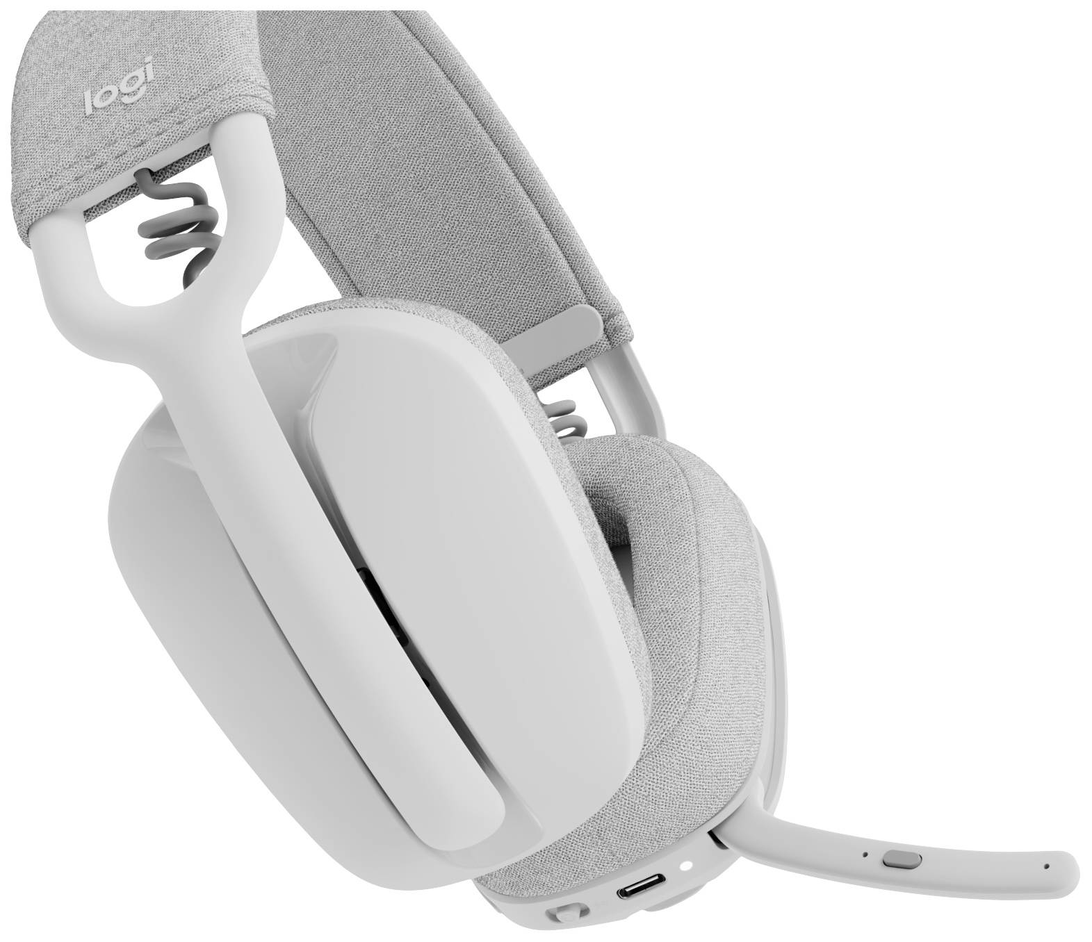 Casque Logitech sans fil gris, doté d'un micro flexible, de coussinets d'oreille et d'un arceau réglable.