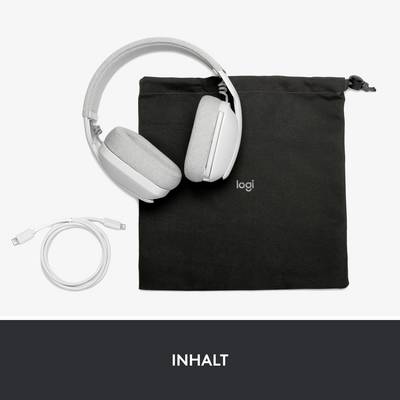 'Contenu' présente des écouteurs sans fil blancs, un câble de charge et un sac noir sur un fond blanc avec le texte 'LOGI'.