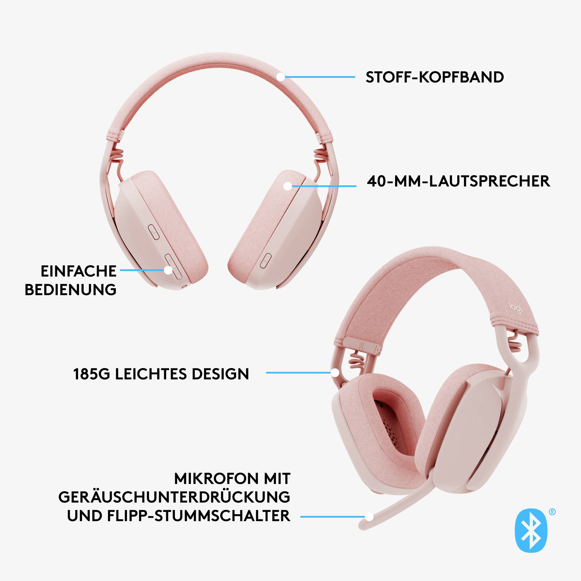 Deux écouteurs roses avec arceau en tissu, haut-parleurs de 40 mm, commande simple, microphone à réduction de bruit, bouton de sourdine à bascule.