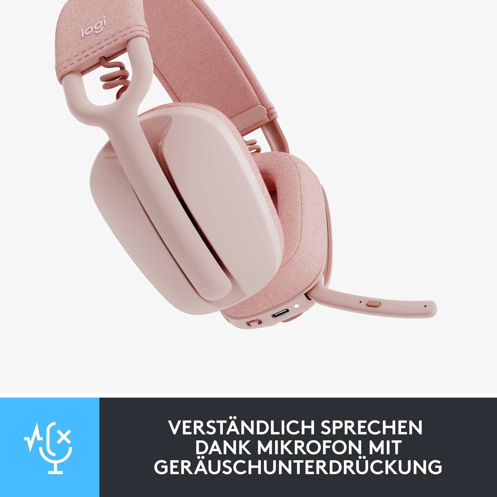 Casque rose avec microphone offrant la réduction de bruit. Texte sur l'image : 'Parlez clairement grâce au microphone à réduction de bruit'.