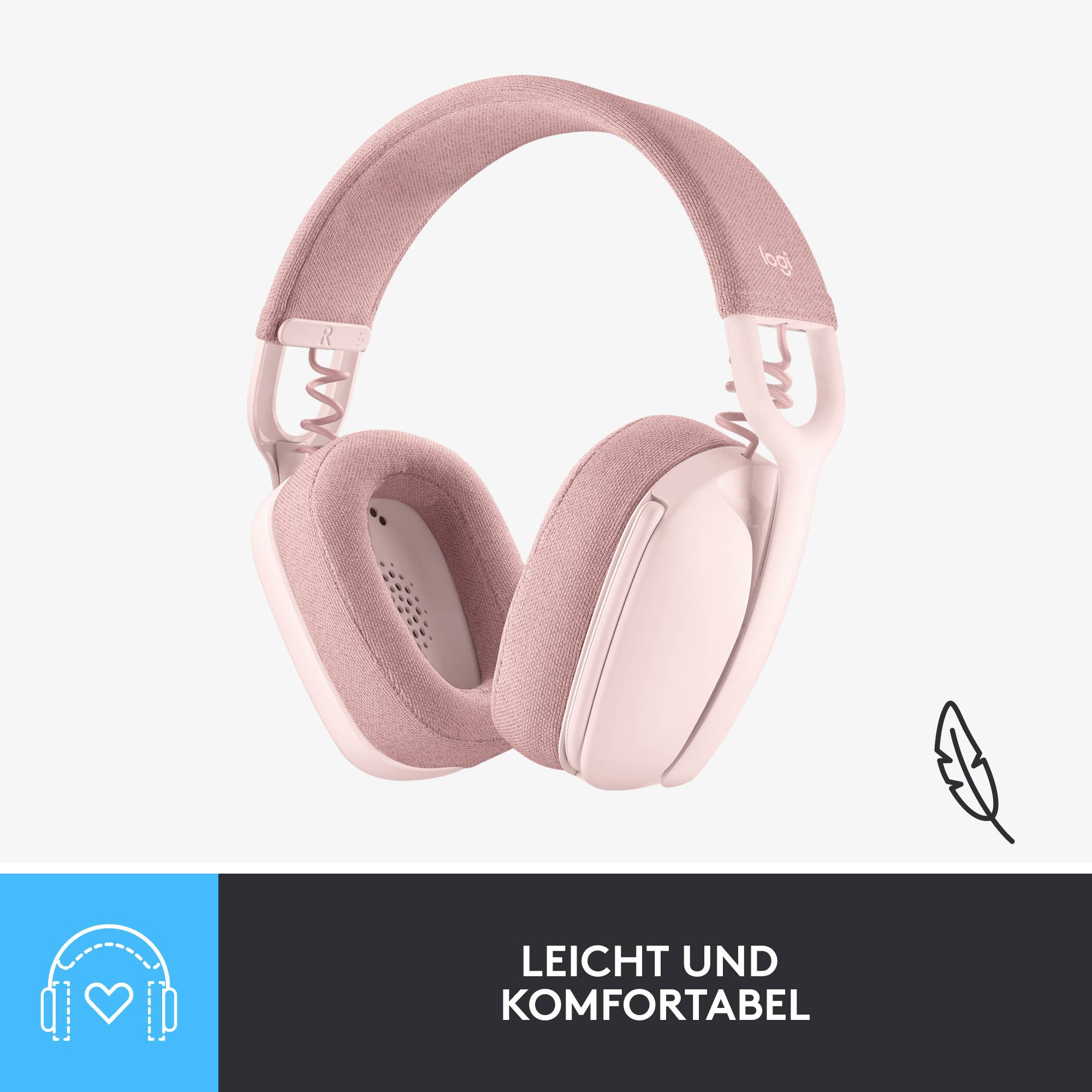 Casque léger et confortable rose sur fond blanc, avec le texte 'Léger et confortable'.