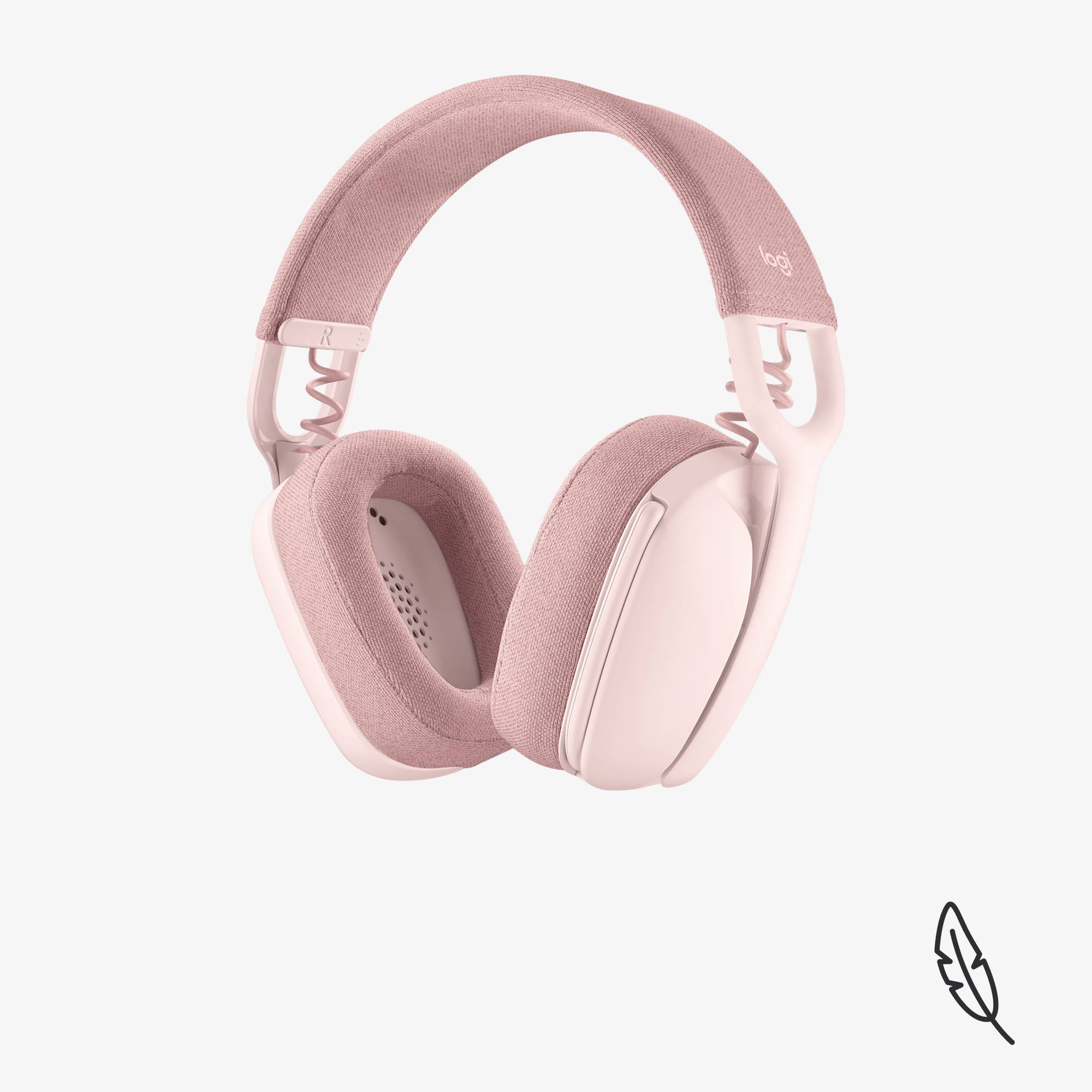 Casque audio rose avec coussins d'oreille rembourrés et serre-tête, sur fond blanc.