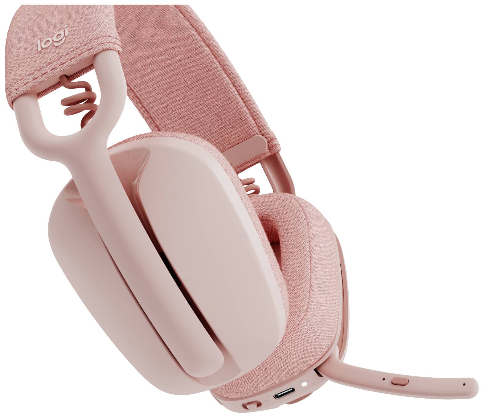 Casque sans fil rose avec microphone et coussinets pour un confort optimal, idéal pour le gaming ou une utilisation prolongée.