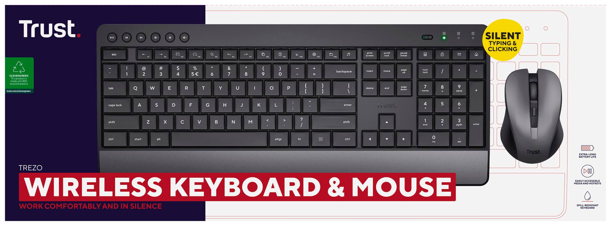 Clavier et souris sans fil de Trust, modèle 'Trezo'. Caractéristiques : frappe silencieuse, clic discret. Disponible en noir.