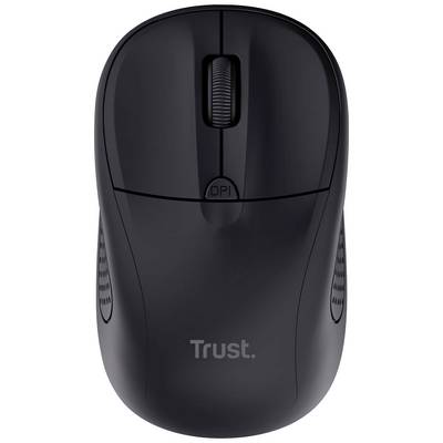 Souris d'ordinateur sans fil noire de Trust, vue de dessus. Le molette de défilement et le bouton DPI sont visibles. Design ergonomique.