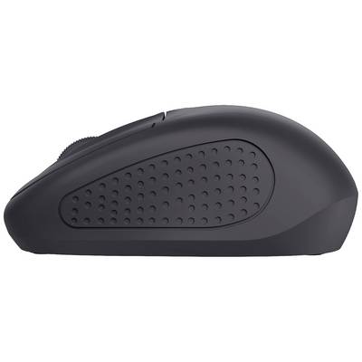Souris d'ordinateur noire au design ergonomique et à la poignée en caoutchouc pour une meilleure prise en main. Vue latérale montrant la texture de la surface de préhension.