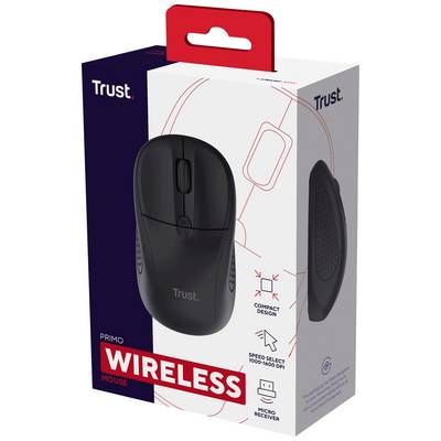 Souris sans fil Trust Primo dans son emballage. Caractéristiques : design compact, sélection de vitesse 1000-1600 DPI, micro-récepteur.