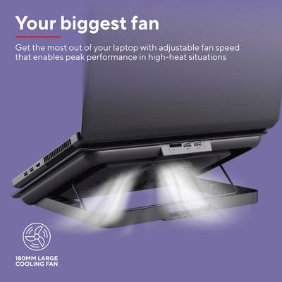 Un ordinateur portable est posé sur un support de ventilation réglable. Texte en haut : 'Ton plus grand fan'. Le texte du bas décrit un ventilateur de 180 mm.