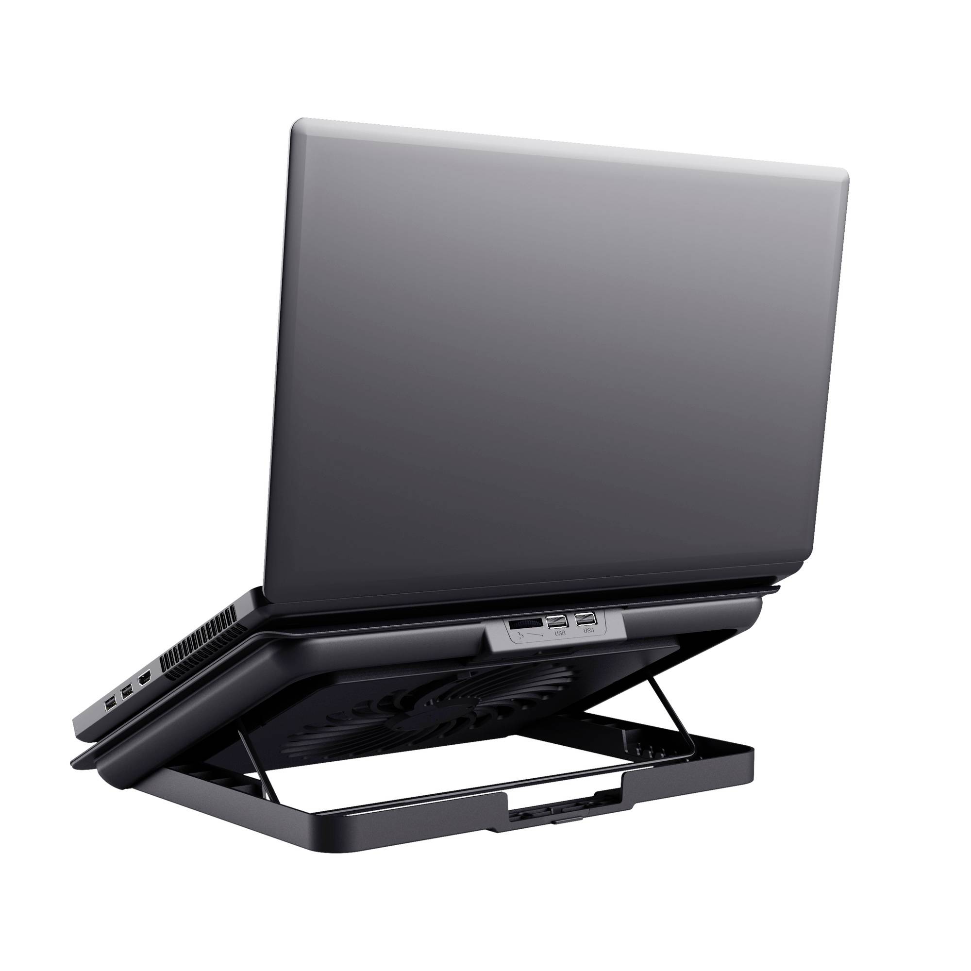 Ordinateur portable sur un support de refroidissement réglable avec plusieurs ports USB, photographié de dos.