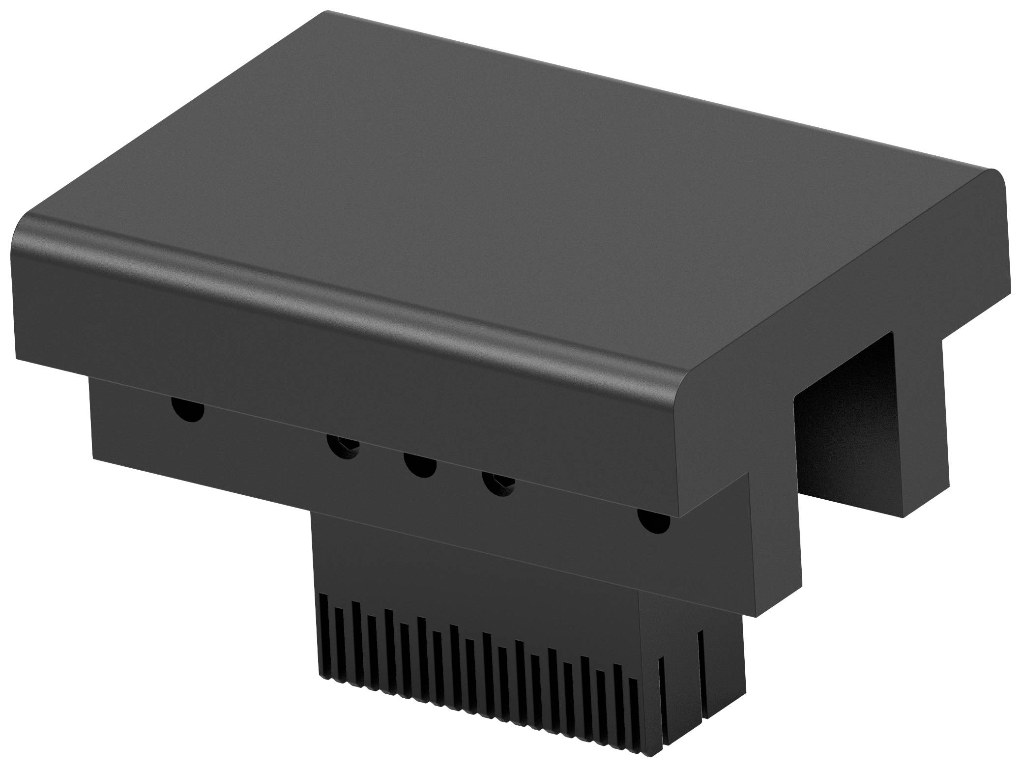 Connecteur noir rectangulaire en plastique avec plusieurs broches de connexion. Utilisé pour relier des composants électroniques.