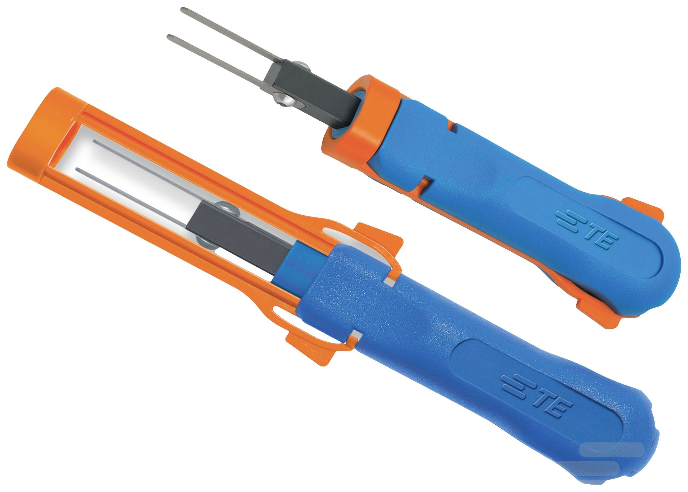 Deux outils électriques dénudés avec des poignées bleues et des capuchons oranges, utilisés pour retirer des fils des connecteurs.