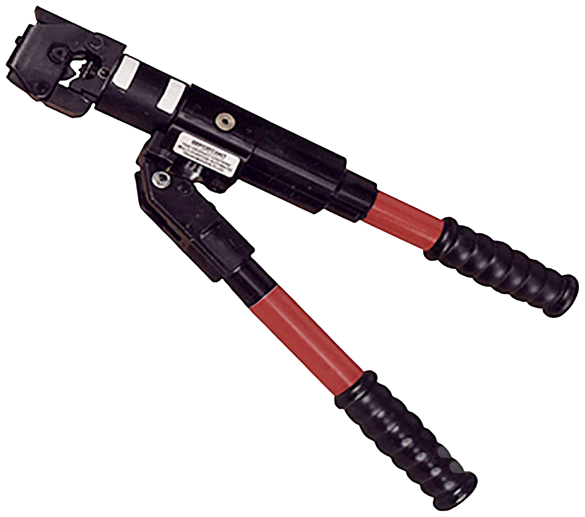 Un outil de sertissage hydraulique avec des poignées noires et des leviers rouges. Cet outil est utilisé pour sertir des connexions électriques.