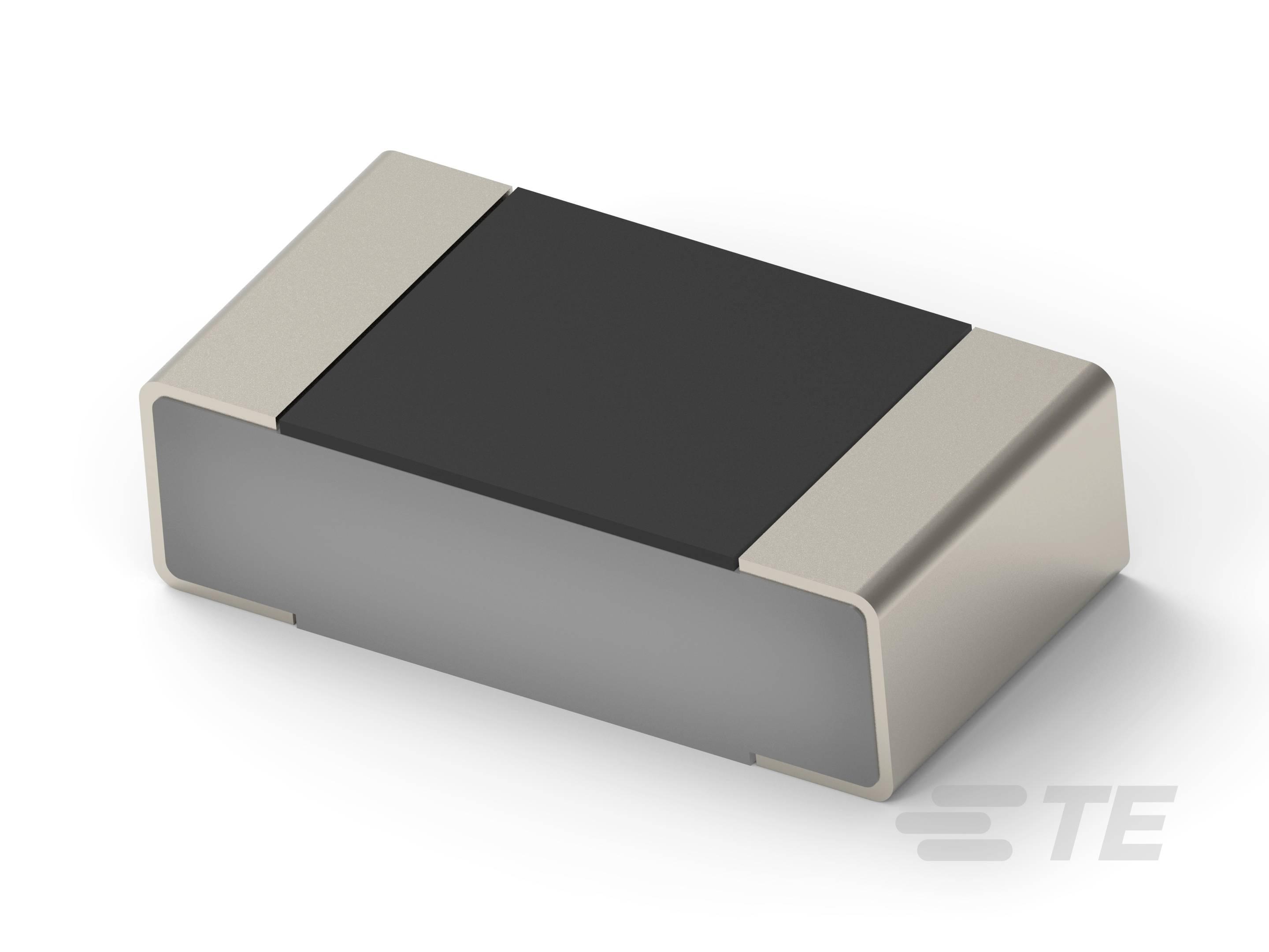 Un condensateur CMS rectangulaire gris avec des embouts noirs aux deux extrémités, représenté sur un fond blanc.