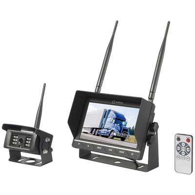 Système de caméra de recul sans fil avec moniteur, caméra et télécommande. Un camion est visible à l'écran.