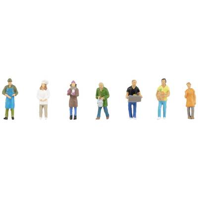 Figurines miniatures : Différentes personnes portant des tenues professionnelles et quotidiennes, comprenant un chef cuisinier, un ouvrier et une personne portant un sac de courses. Ils sont alignés côte à côte.