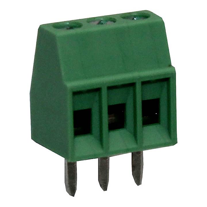Connecteur vert tripolaire avec broches métalliques, utilisé pour les connexions électriques sur circuits imprimés.