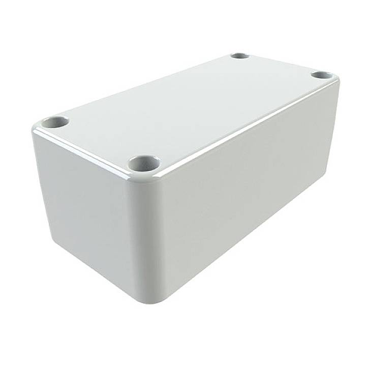 Boîte en plastique blanche, rectangulaire, avec des coins arrondis et des trous aux coins du bord supérieur.