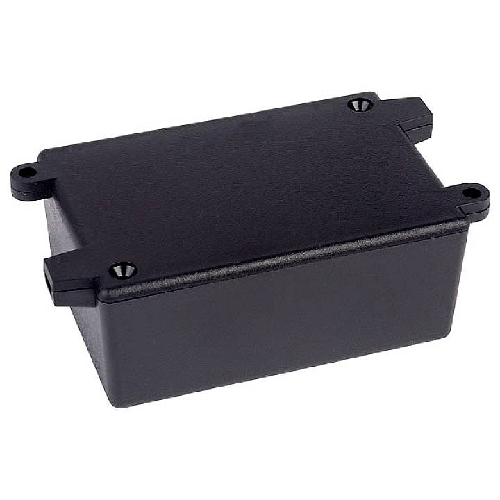 Boîtier en plastique noir rectangulaire aux angles arrondis, comportant quatre trous de fixation, adapté pour le logement de composants électroniques.