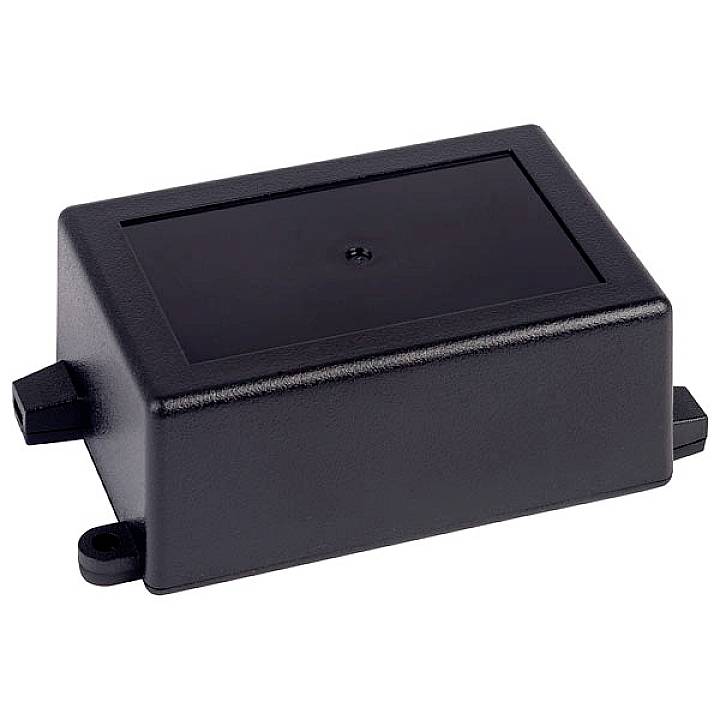 Un boîtier rectangulaire en plastique noir à surface lisse et bords arrondis. Adapté pour protéger des composants électroniques.