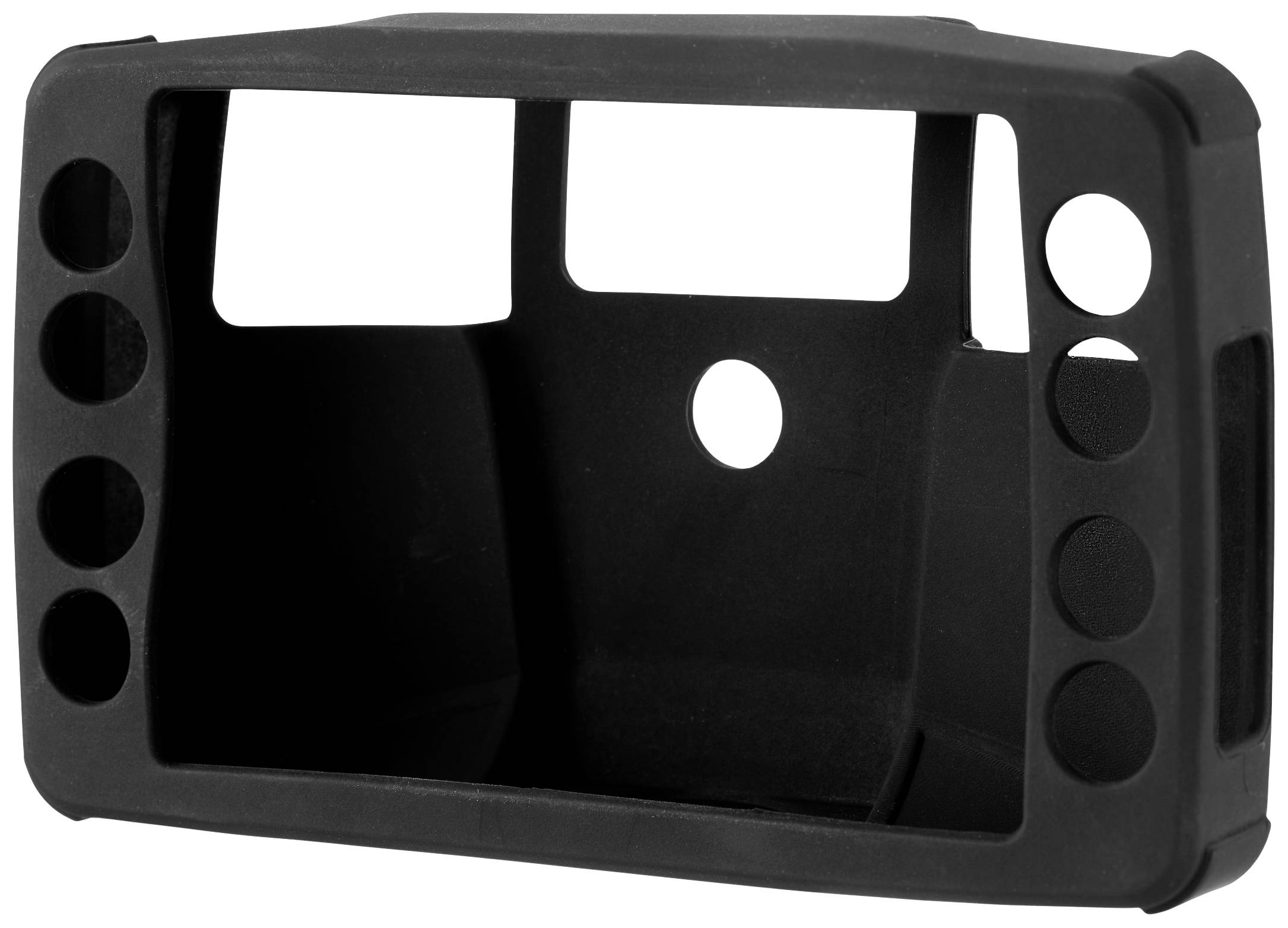 Un boîtier rectangulaire noir en plastique avec plusieurs ouvertures rondes sur les deux côtés et une grande ouverture à l'avant.