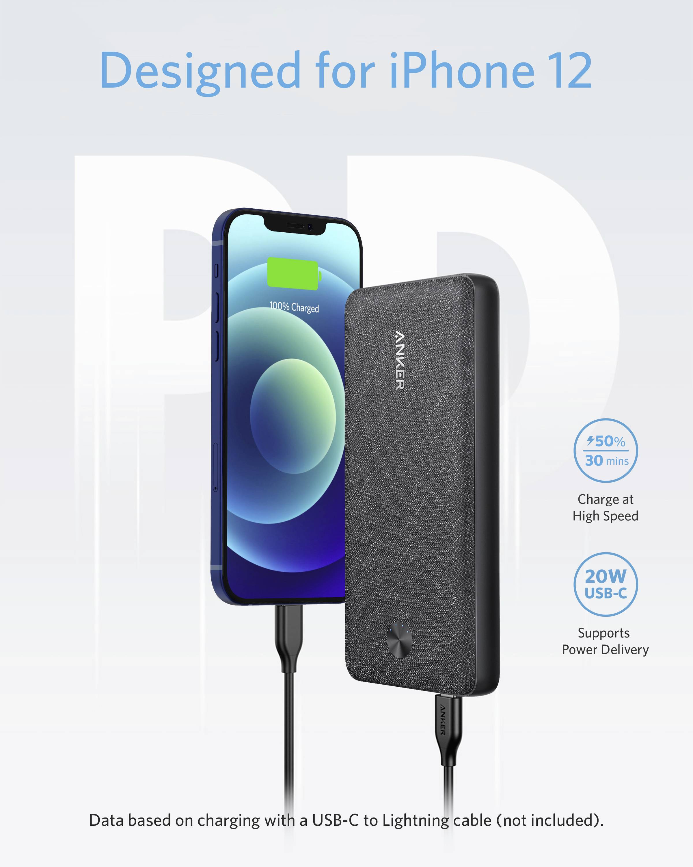 Une batterie externe charge un iPhone 12 via un câble USB-C. Le texte souligne la charge rapide : '50% en 30 minutes'. Prend en charge la technologie Power Delivery avec 20W.