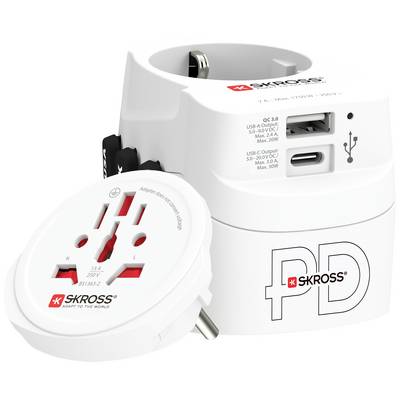 Un adaptateur de voyage blanc de SKROSS avec ports USB et prise amovible, adapté aux déplacements internationaux.