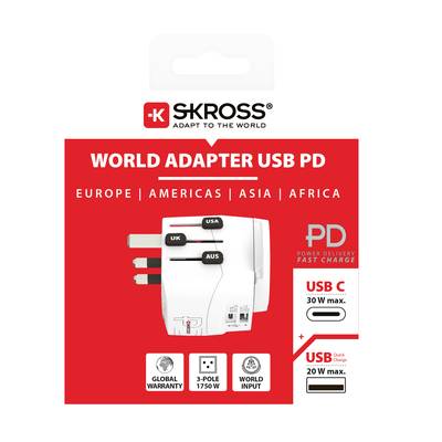 Adaptateur de voyage SKROSS pour l'Europe, l'Amérique, l'Asie, l'Afrique. Inclus ports USB-C et USB, compatible avec des appareils jusqu'à 1750 W.