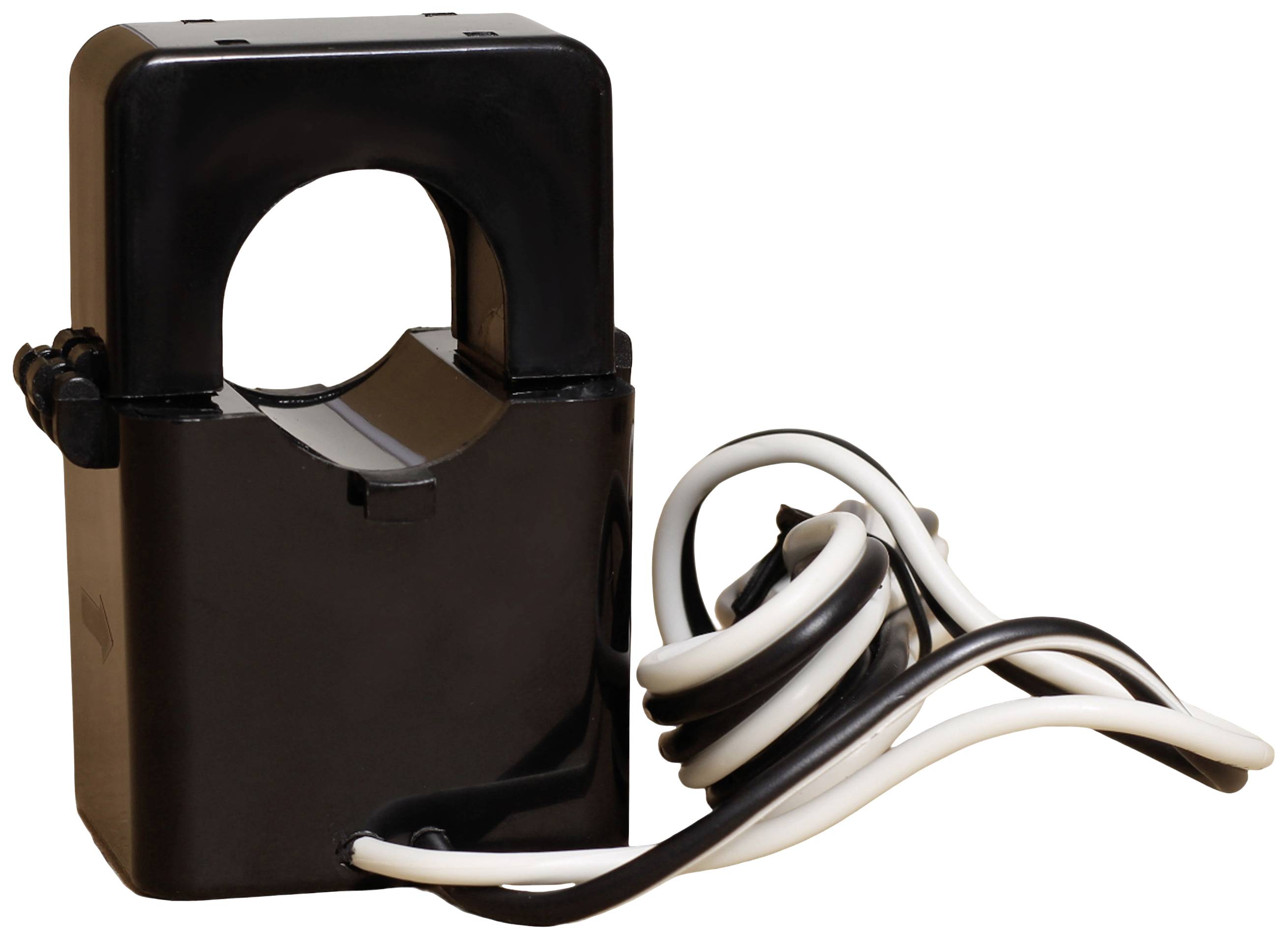 Un capteur de courant noir à noyau ouvert circulaire, relié à un câble noir et blanc, destiné à mesurer des courants électriques.