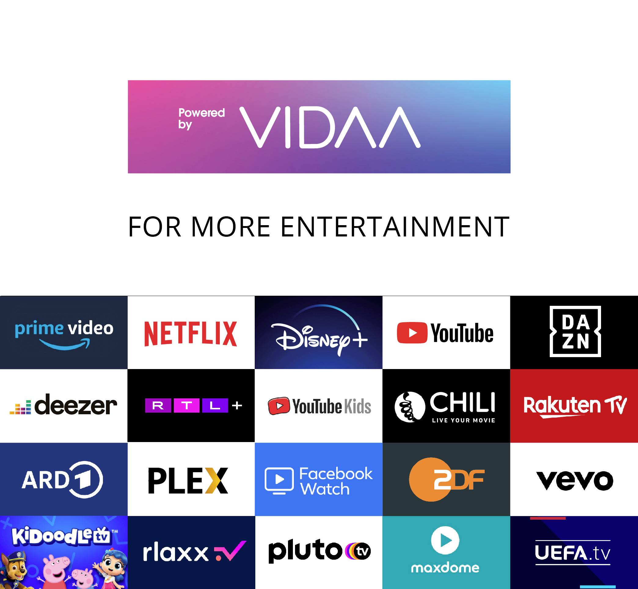 « Propulsé par VIDAA » au-dessus d'une grille de logos de services de streaming tels que Prime Video, Netflix, Disney+, YouTube, DAZN et autres.