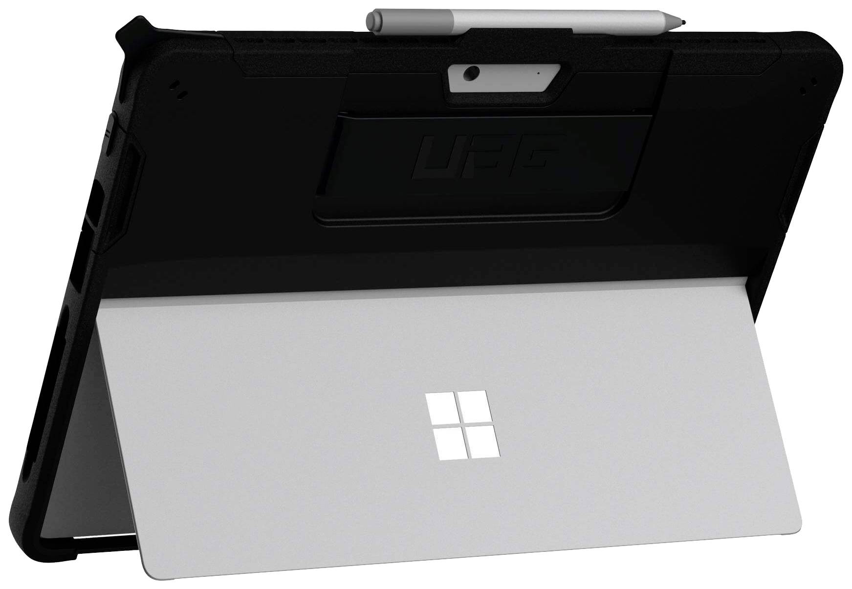 Une tablette avec un support déplié et un stylet posé dessus, montrant l'arrière avec le logo Microsoft.