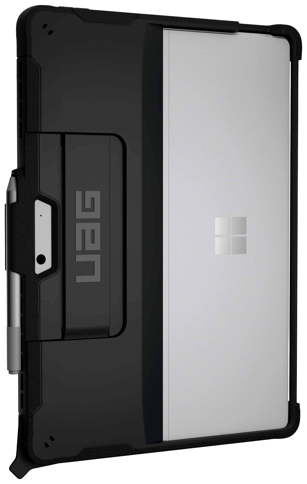 Une coque noire et robuste enveloppe une tablette avec un support visible, un porte-stylo intégré et un logo Windows au centre.
