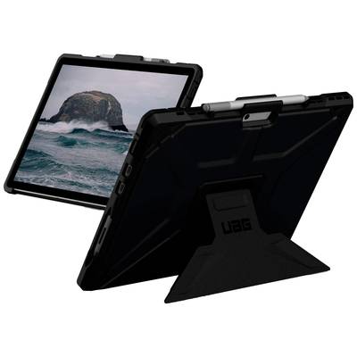Une tablette noire dans un support robuste, l'écran affichant une image d'une île rocheuse en mer. Un stylet est fixé en haut de l'appareil.