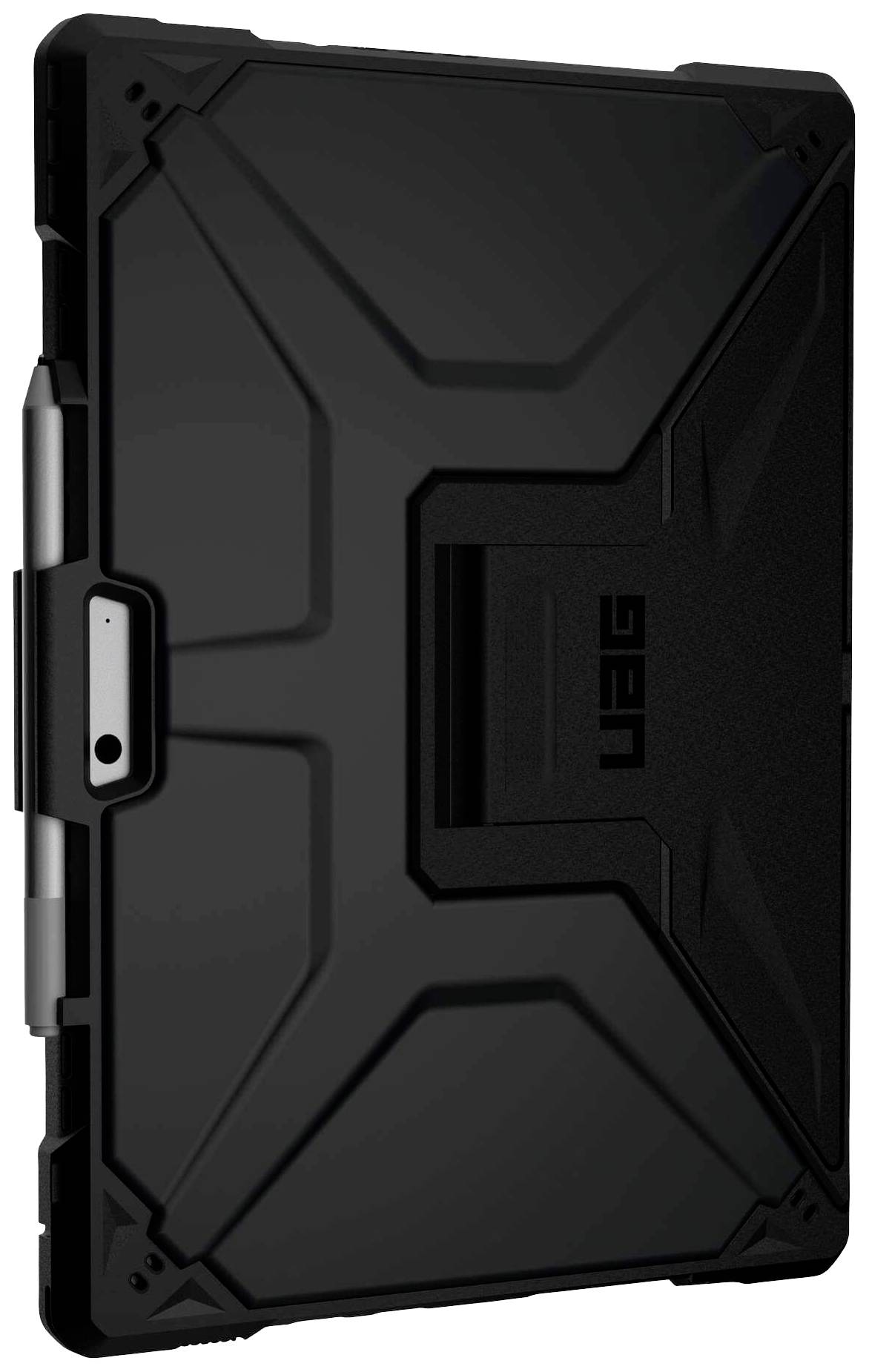 Étui noir robuste pour tablette avec support intégré, offrant une protection grâce à un design renforcé et des matériaux durables.