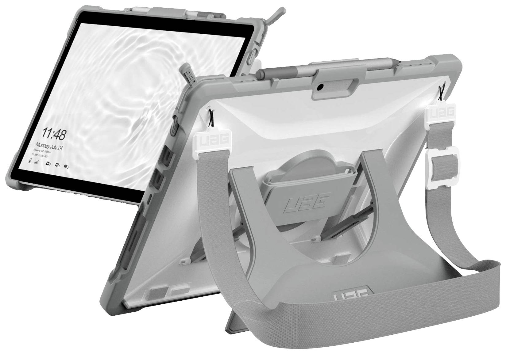 Une tablette avec un étui de protection robuste gris et une bandoulière ajustable. L'écran affiche l'heure 11:48.