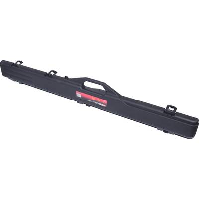 Étui long noir pour guitare avec poignée et loquets de fermeture, adapté à la protection et au transport d'instruments de musique.