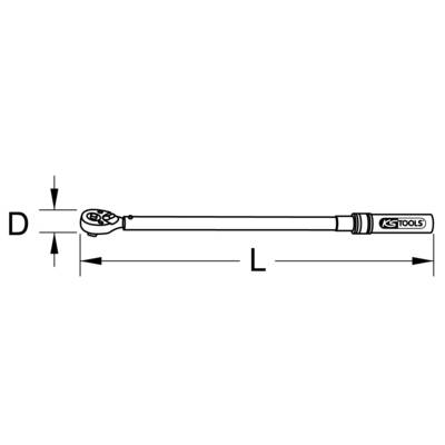 Graphique d'une clé dynamométrique avec les dimensions D et L. À gauche se trouve la tête de la clé, à droite la poignée avec le logo KS Tools.