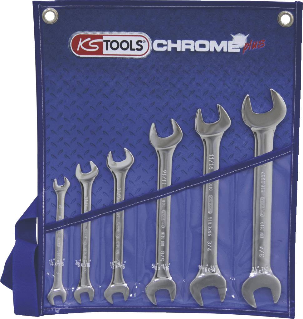Un ensemble de six clés à molette en chrome de différentes tailles, rangées et visibles dans un étui bleu avec le logo KS Tools.