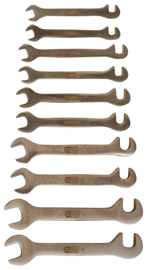 Une rangée de neuf clés à fourche ouvertes, disposées de la plus petite à la plus grande, du haut vers le bas.
