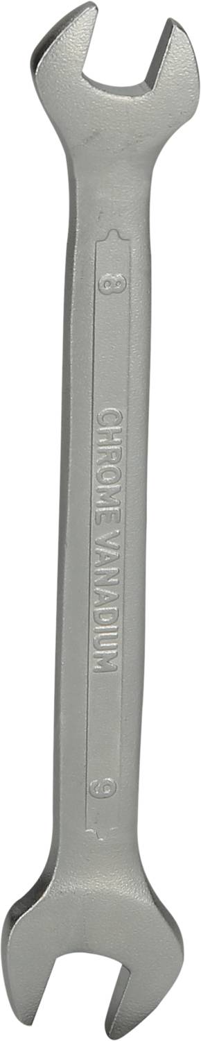 Clé à fourche argentée, positionnée verticalement, avec texte gravé sur la poignée. Utilisée pour visser et dévisser des vis.